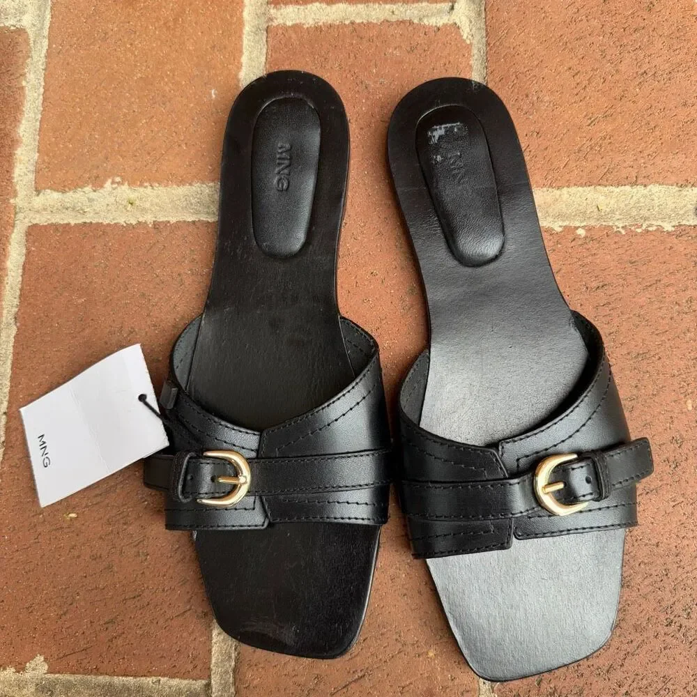 MNG by Mango Women's Buckle Leather Sandals Open Toe Black Size 39 NEW